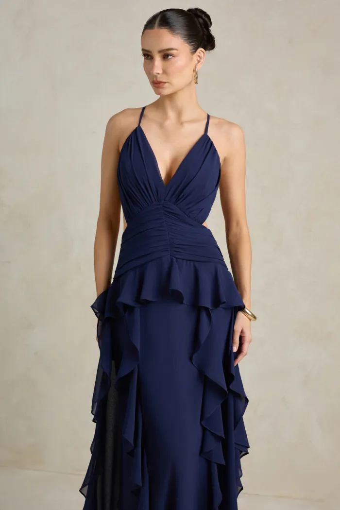 VESTIDO DÉBORA CUT OUT BABADOS - AZUL MARINHO