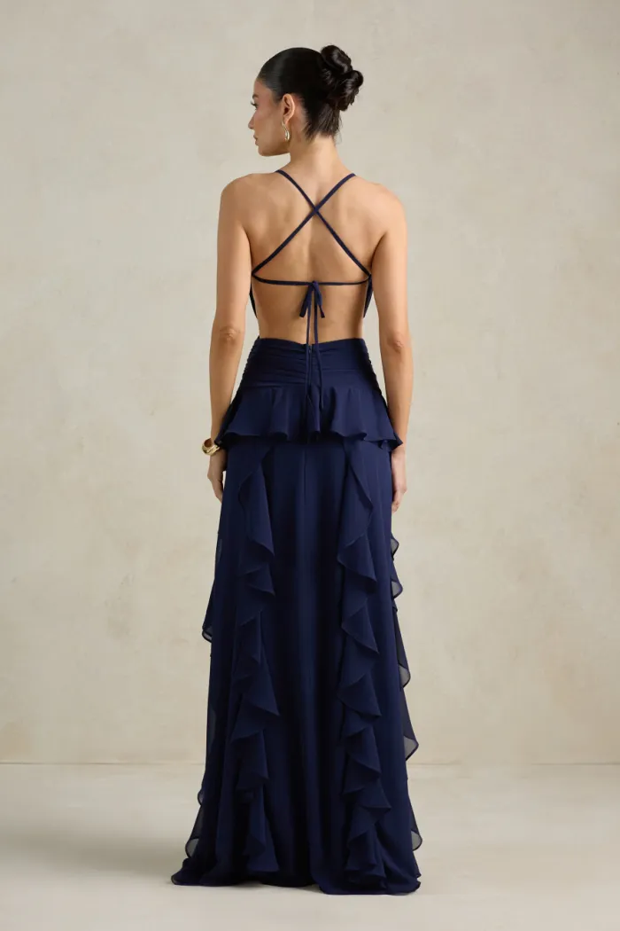 VESTIDO DÉBORA CUT OUT BABADOS - AZUL MARINHO