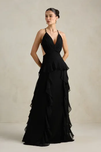 VESTIDO DÉBORA CUT OUT BABADOS - PRETO