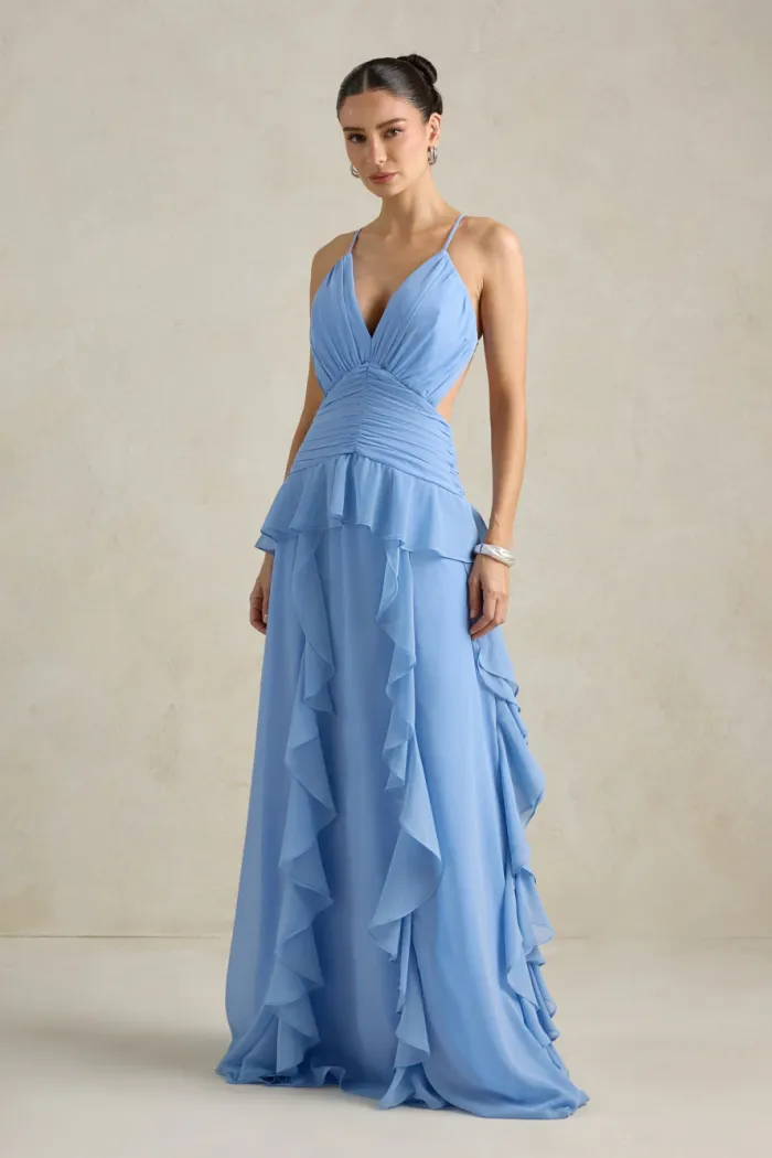 VESTIDO DÉBORA CUT OUT BABADOS - AZUL SERENITY