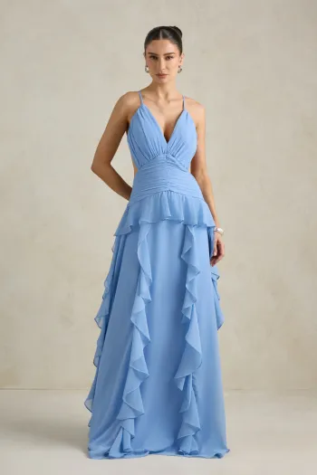 VESTIDO DÉBORA CUT OUT BABADOS - AZUL SERENITY