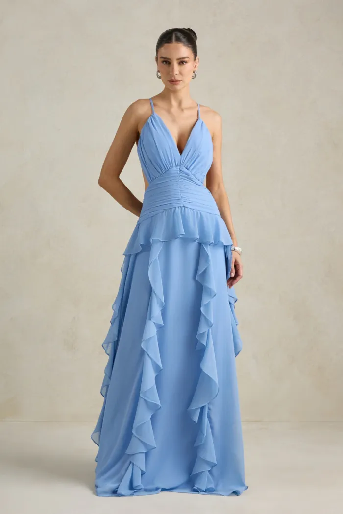 VESTIDO DÉBORA CUT OUT BABADOS - AZUL SERENITY