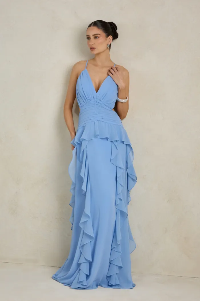 VESTIDO DÉBORA CUT OUT BABADOS - AZUL SERENITY