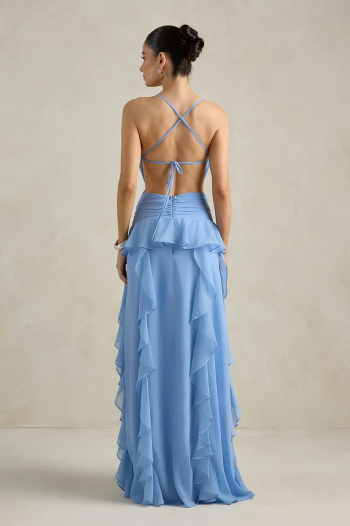 VESTIDO DÉBORA CUT OUT BABADOS - AZUL SERENITY