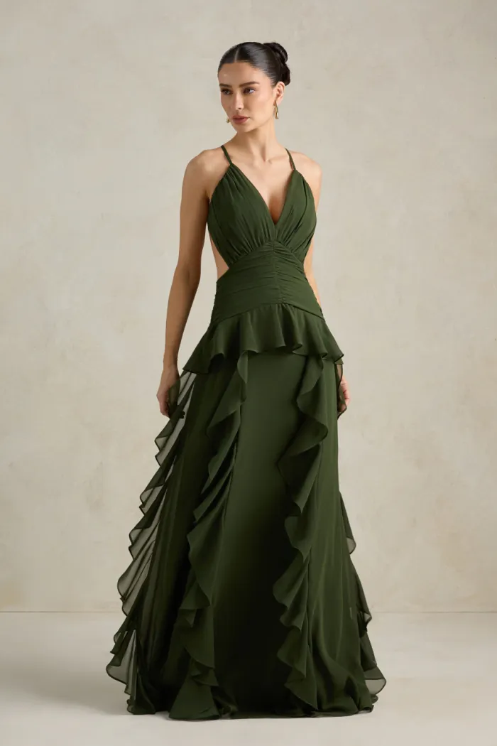 VESTIDO DÉBORA CUT OUT BABADOS - VERDE OLIVA