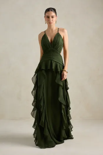 VESTIDO DÉBORA CUT OUT BABADOS - VERDE OLIVA
