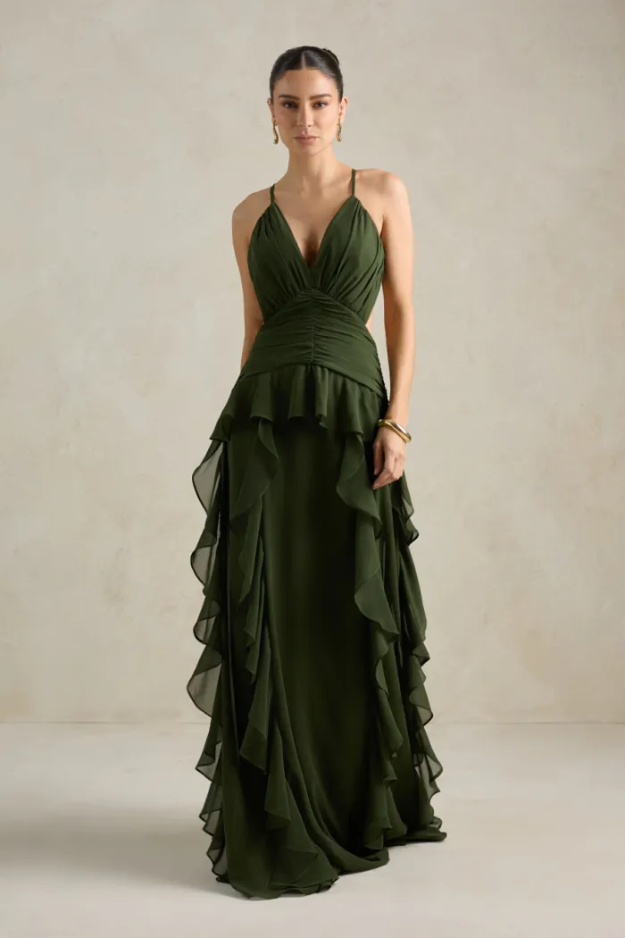 VESTIDO DÉBORA CUT OUT BABADOS - VERDE OLIVA