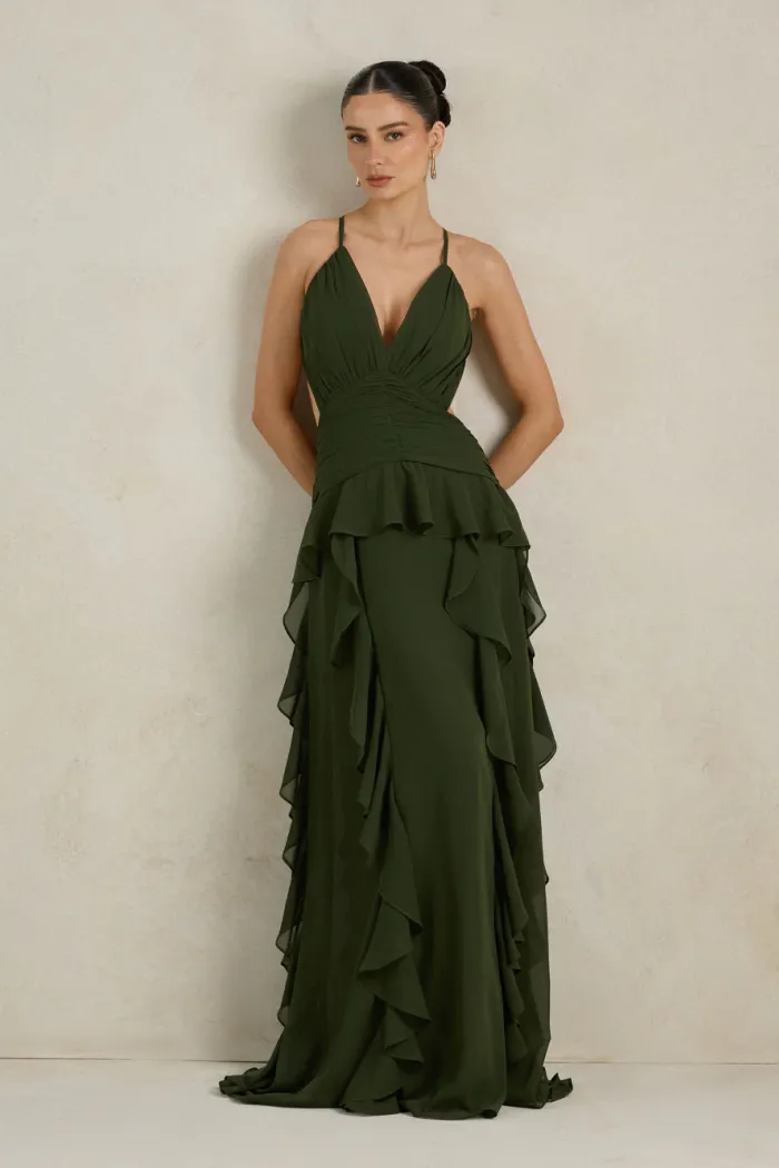VESTIDO DÉBORA CUT OUT BABADOS - VERDE OLIVA