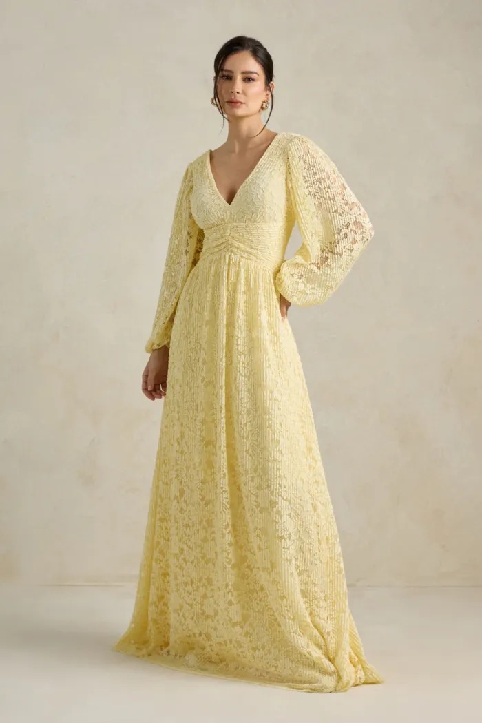 VESTIDO DE FESTA HELOISE RENDA MANGA LONGA - AMARELO