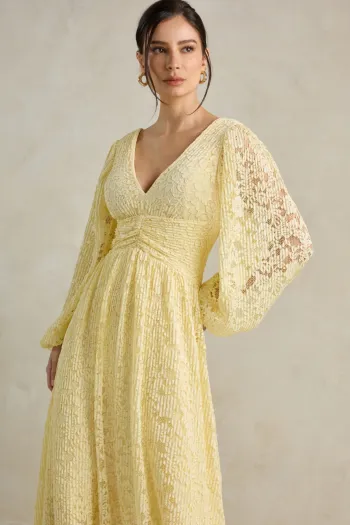 VESTIDO DE FESTA HELOISE RENDA MANGA LONGA - AMARELO