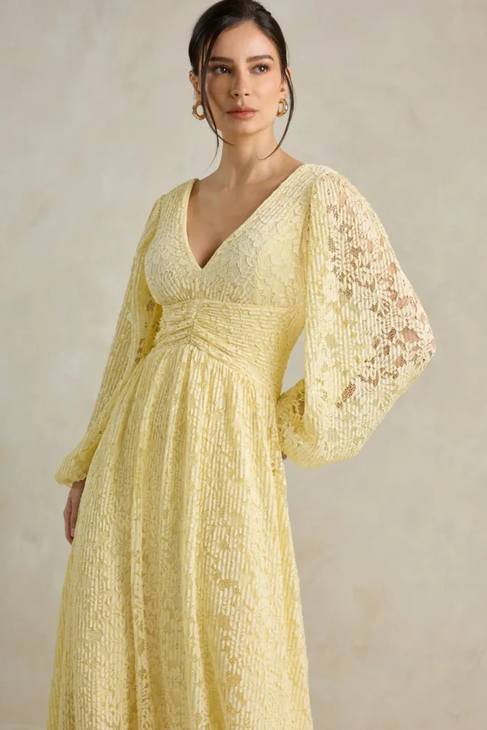 VESTIDO DE FESTA HELOISE RENDA MANGA LONGA - AMARELO