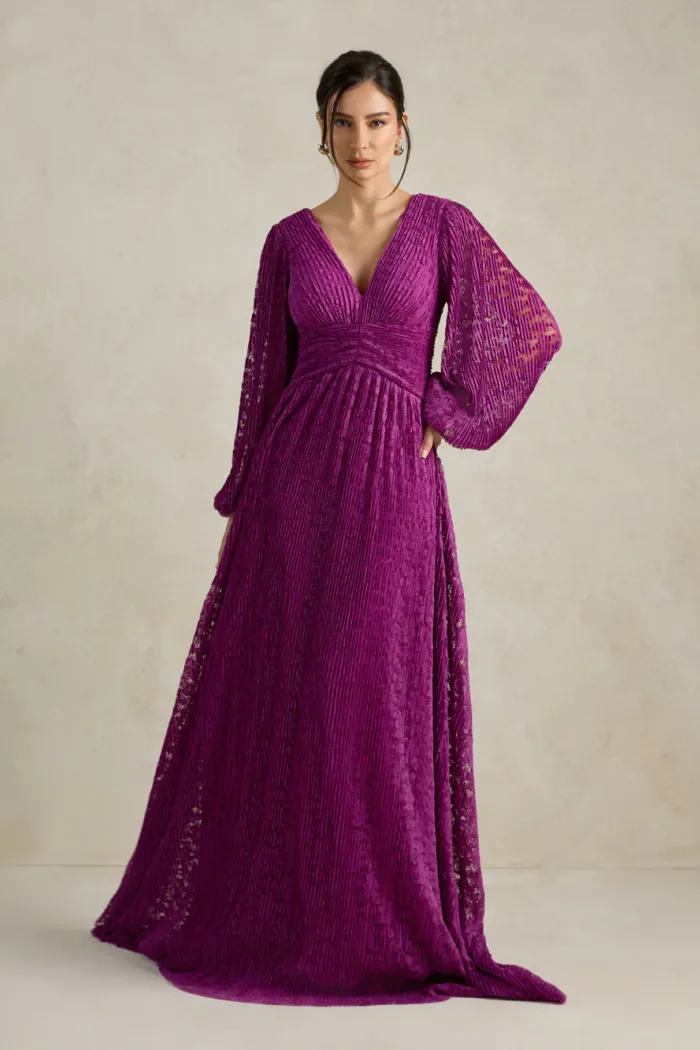 VESTIDO DE FESTA HELOISE RENDA MANGA LONGA - FÚCSIA