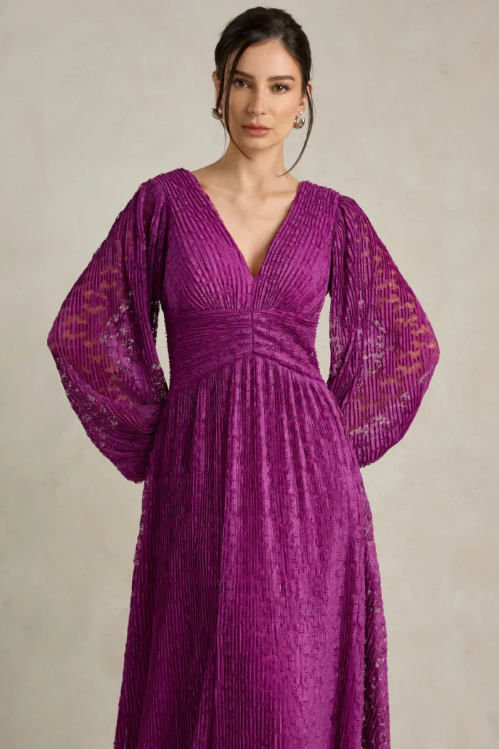 VESTIDO DE FESTA HELOISE RENDA MANGA LONGA - FÚCSIA