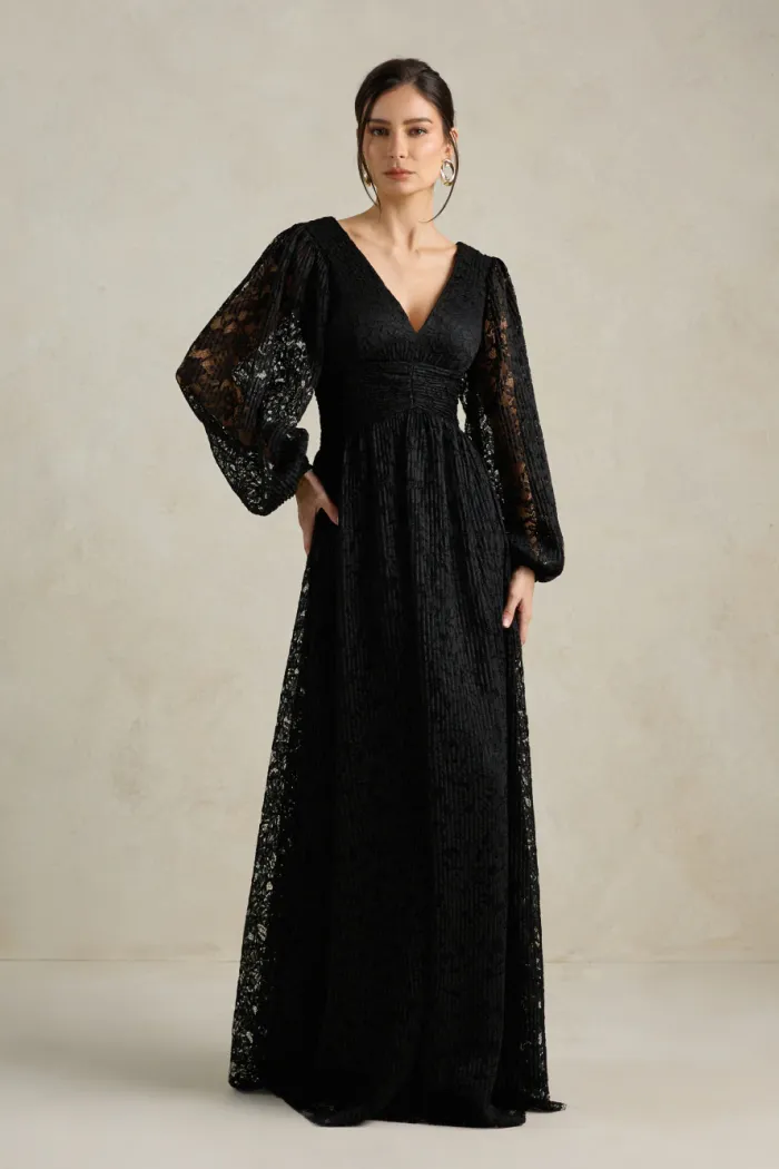 VESTIDO DE FESTA HELOISE RENDA MANGA LONGA - PRETO