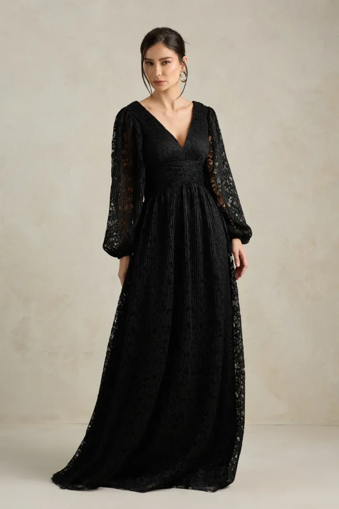 VESTIDO DE FESTA HELOISE RENDA MANGA LONGA - PRETO