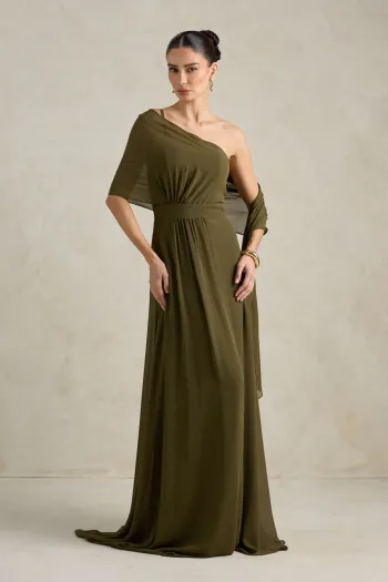 VESTIDO DE FESTA JULIE UM OMBRO CAPA - VERDE OLIVA