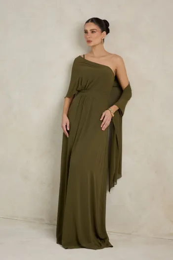VESTIDO DE FESTA JULIE UM OMBRO CAPA - VERDE OLIVA