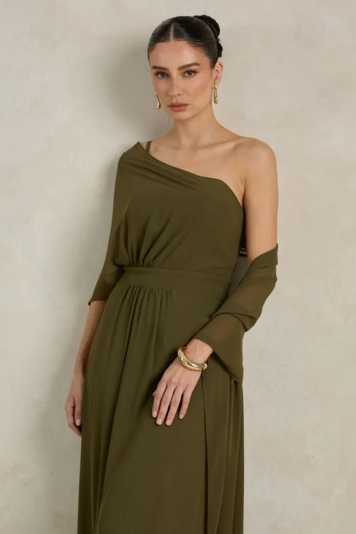 VESTIDO DE FESTA JULIE UM OMBRO CAPA - VERDE OLIVA