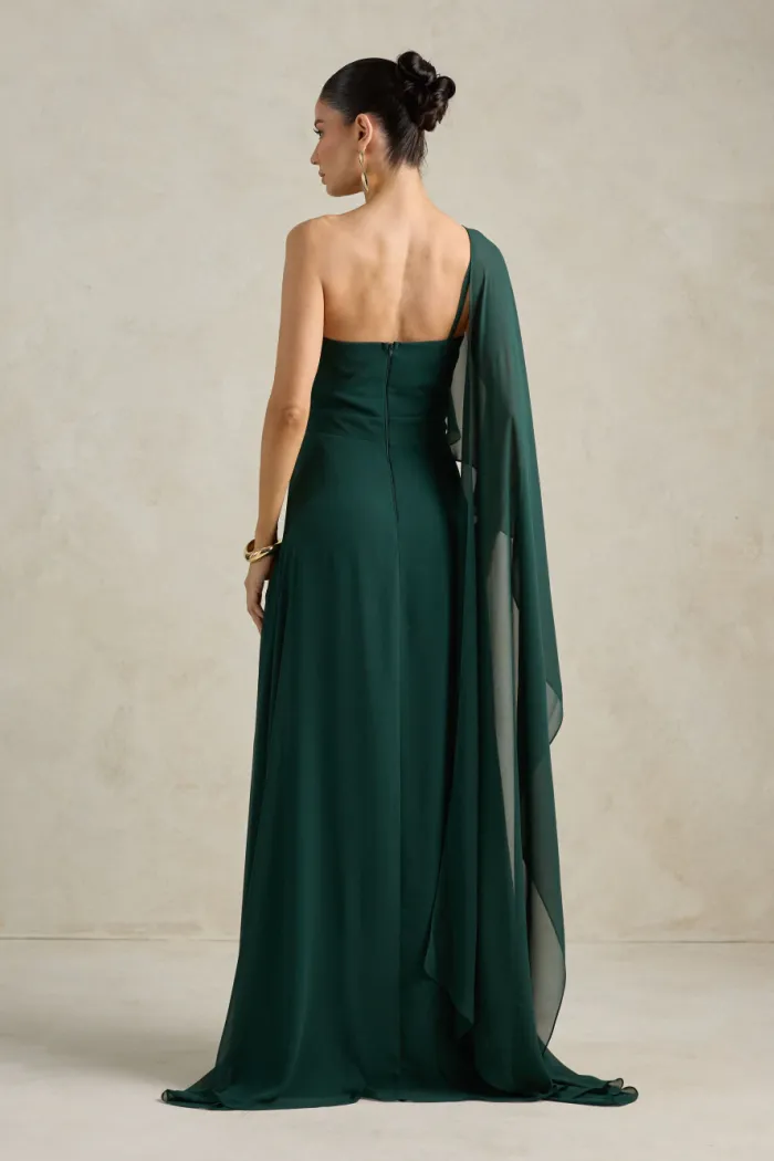 VESTIDO DE FESTA JULIE UM OMBRO CAPA - VERDE PETRÓLEO