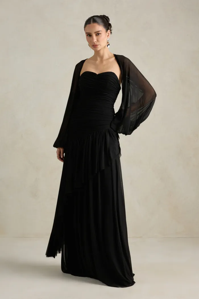 VESTIDO DE FESTA MANCHESTER T.Q.C COM MANGA AVULSA - PRETO