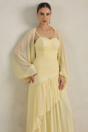 VESTIDO DE FESTA MANCHESTER T.Q.C COM MANGA AVULSA - AMARELO MANTEIGA