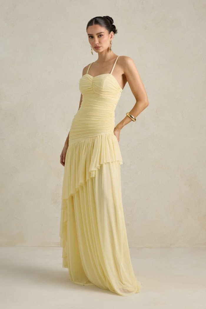 VESTIDO DE FESTA MANCHESTER T.Q.C COM MANGA AVULSA - AMARELO MANTEIGA