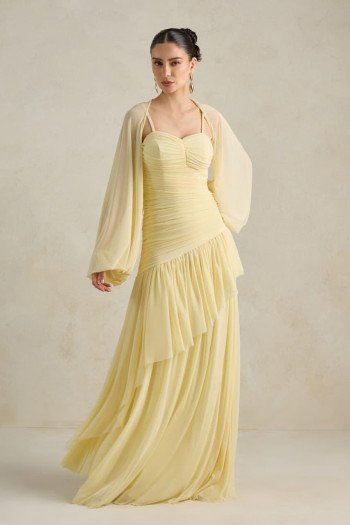 VESTIDO DE FESTA MANCHESTER T.Q.C COM MANGA AVULSA - AMARELO MANTEIGA