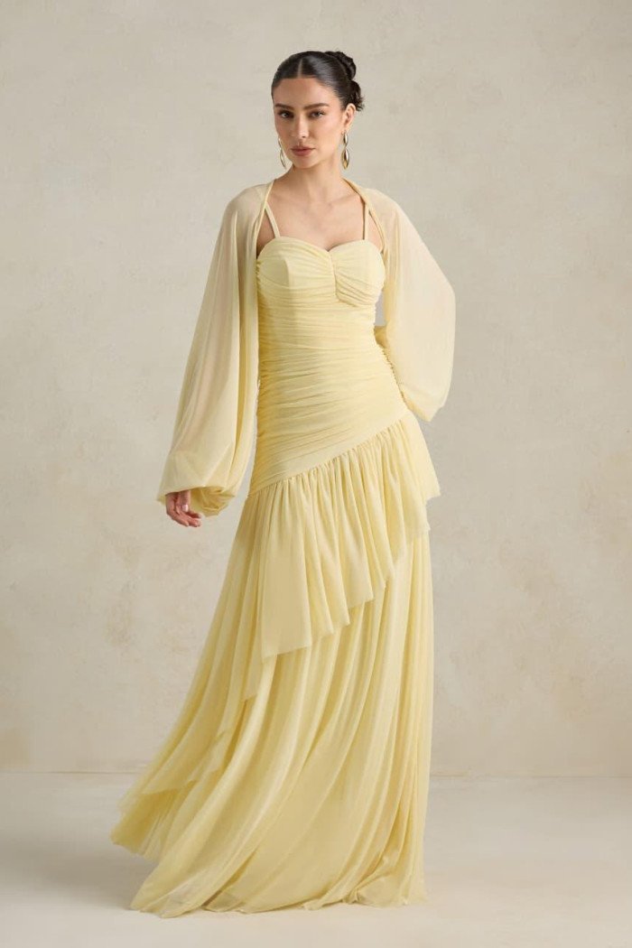 VESTIDO DE FESTA MANCHESTER T.Q.C COM MANGA AVULSA - AMARELO MANTEIGA