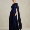 VESTIDO MARILYN RENDA UM OMBRO COM CAPA - AZUL MARINHO