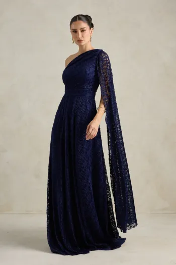 VESTIDO MARILYN RENDA UM OMBRO COM CAPA - AZUL MARINHO