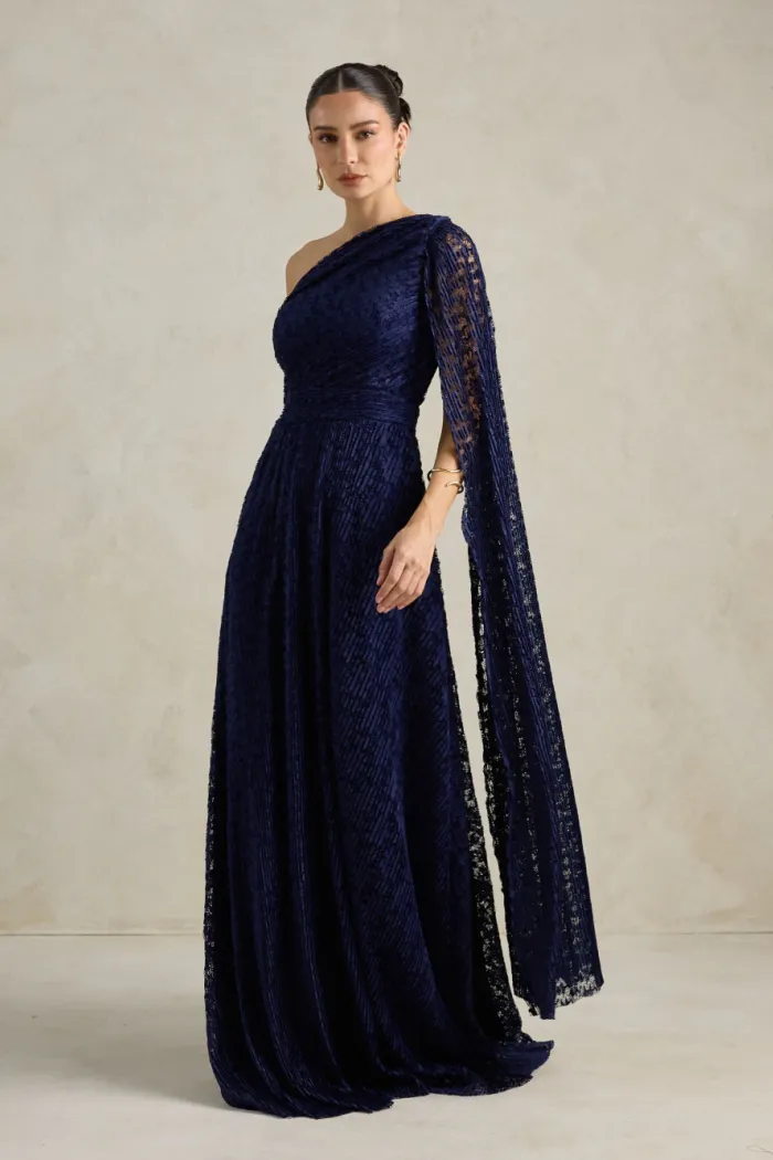 VESTIDO MARILYN RENDA UM OMBRO COM CAPA - AZUL MARINHO