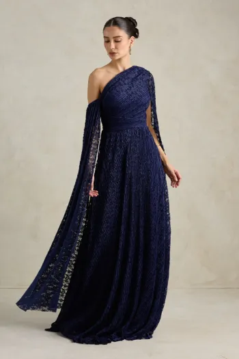 VESTIDO MARILYN RENDA UM OMBRO COM CAPA - AZUL MARINHO
