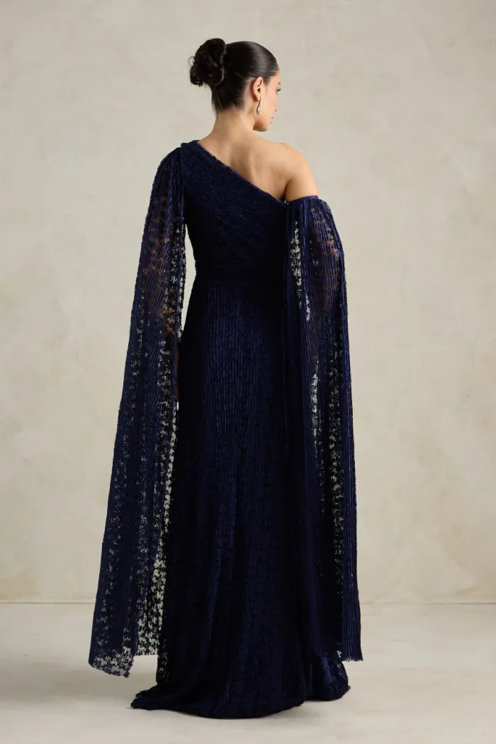 VESTIDO MARILYN RENDA UM OMBRO COM CAPA - AZUL MARINHO