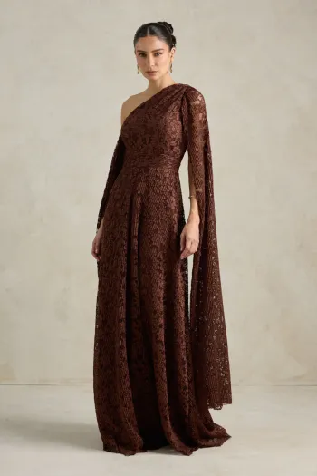 VESTIDO MARILYN RENDA UM OMBRO COM CAPA - MARROM