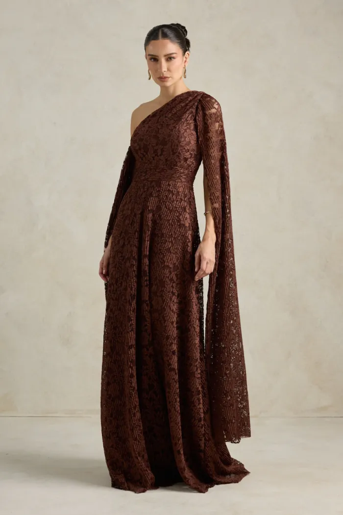 VESTIDO MARILYN RENDA UM OMBRO COM CAPA - MARROM