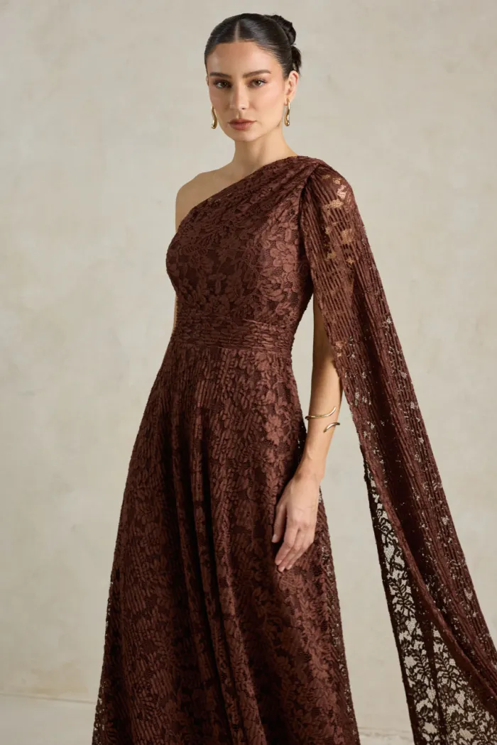 VESTIDO MARILYN RENDA UM OMBRO COM CAPA - MARROM