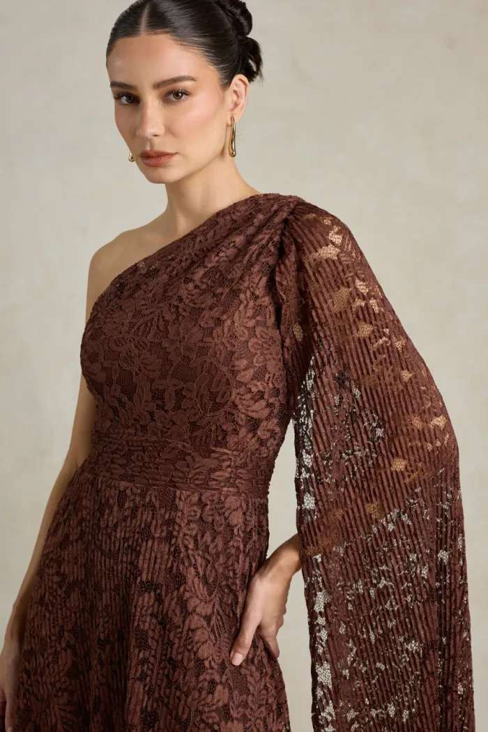 VESTIDO MARILYN RENDA UM OMBRO COM CAPA - MARROM