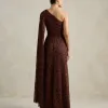 VESTIDO MARILYN RENDA UM OMBRO COM CAPA - MARROM