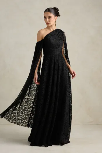 VESTIDO MARILYN RENDA UM OMBRO COM CAPA - PRETO