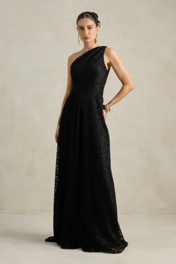 VESTIDO MARILYN RENDA UM OMBRO COM CAPA - PRETO