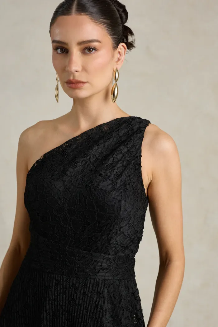 VESTIDO MARILYN RENDA UM OMBRO COM CAPA - PRETO