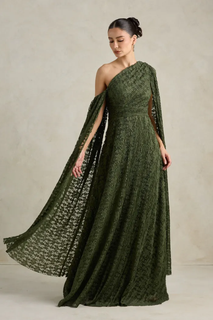 VESTIDO MARILYN RENDA UM OMBRO COM CAPA - VERDE OLIVA