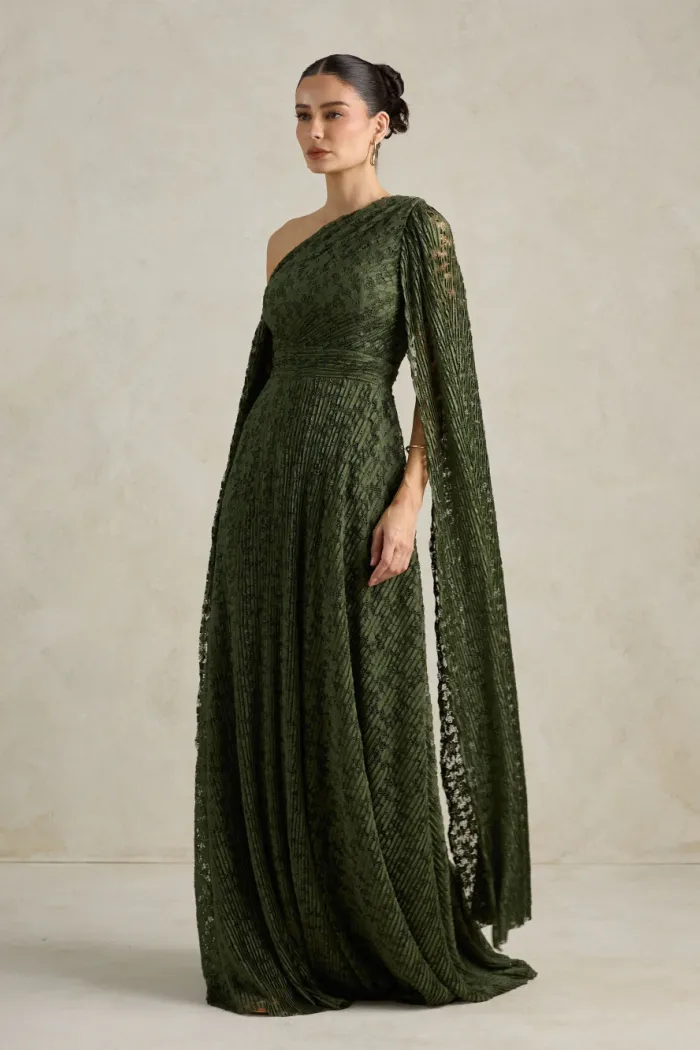 VESTIDO MARILYN RENDA UM OMBRO COM CAPA - VERDE OLIVA