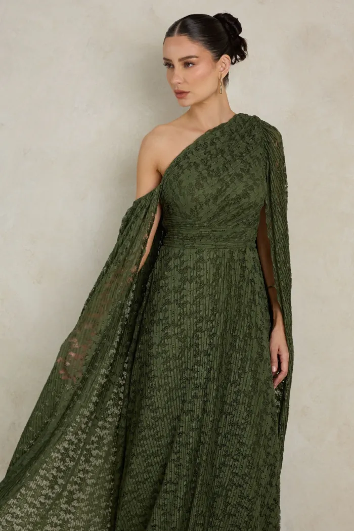 VESTIDO MARILYN RENDA UM OMBRO COM CAPA - VERDE OLIVA