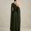 VESTIDO MARILYN RENDA UM OMBRO COM CAPA - VERDE OLIVA
