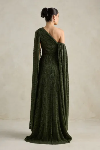 VESTIDO MARILYN RENDA UM OMBRO COM CAPA - VERDE OLIVA