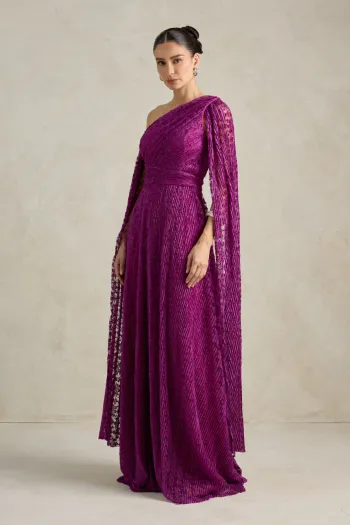 VESTIDO MARILYN RENDA UM OMBRO COM CAPA - FÚCSIA