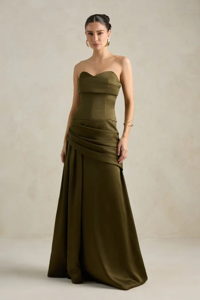 VESTIDO DE FESTA NICOLE DECOTE CORAÇÃO - VERDE OLIVA