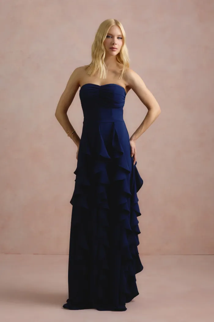 VESTIDO DE FESTA SIDNEY SAIA BABADO - AZUL MARINHO
