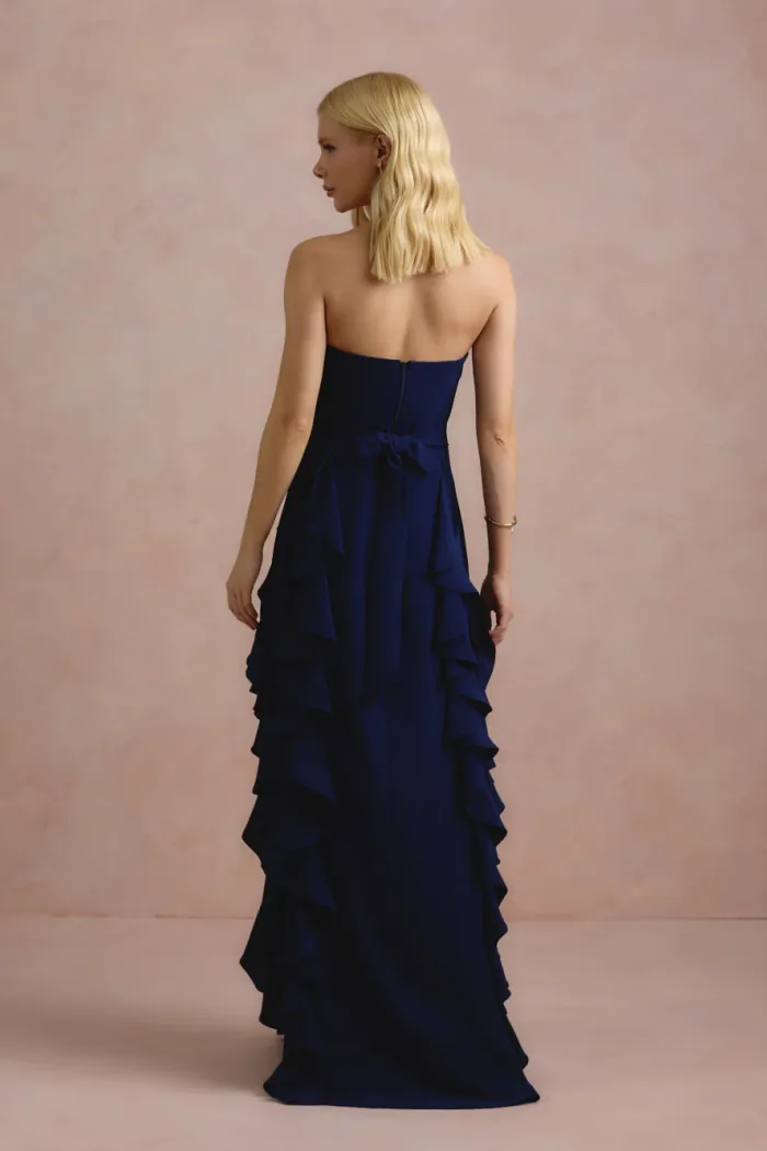 VESTIDO DE FESTA SIDNEY SAIA BABADO - AZUL MARINHO